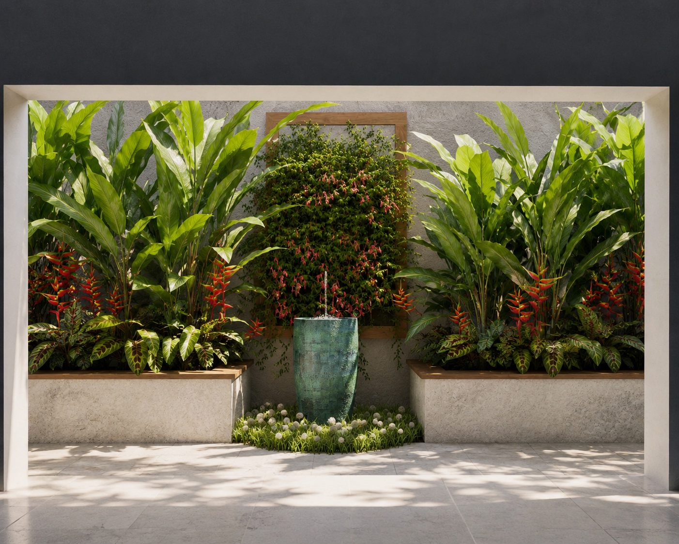 Fonte com heliconias e folhagens tropicais